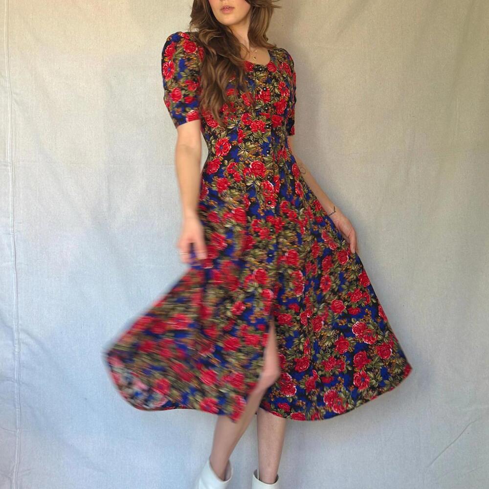 80s Black Floral Button Front Dress - Picture 8 of 12